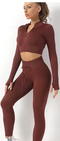 High Waist Leggings, Long Sleeve Zipper Crop Top - 2 piece - maroon